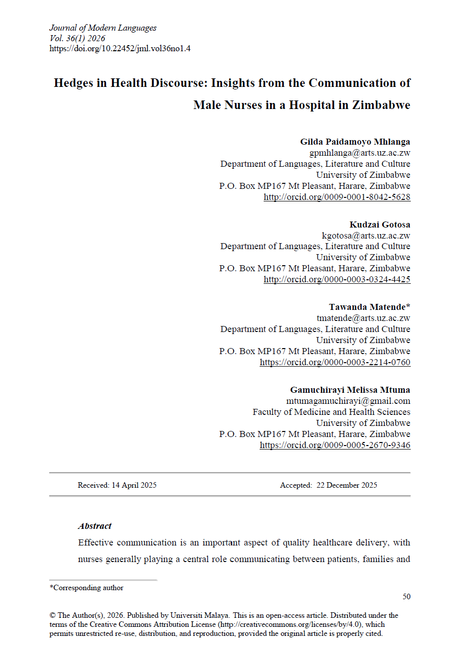 Hedges in health discourse: Insights from the communication of male nurses in a hospital in Zimbabwe